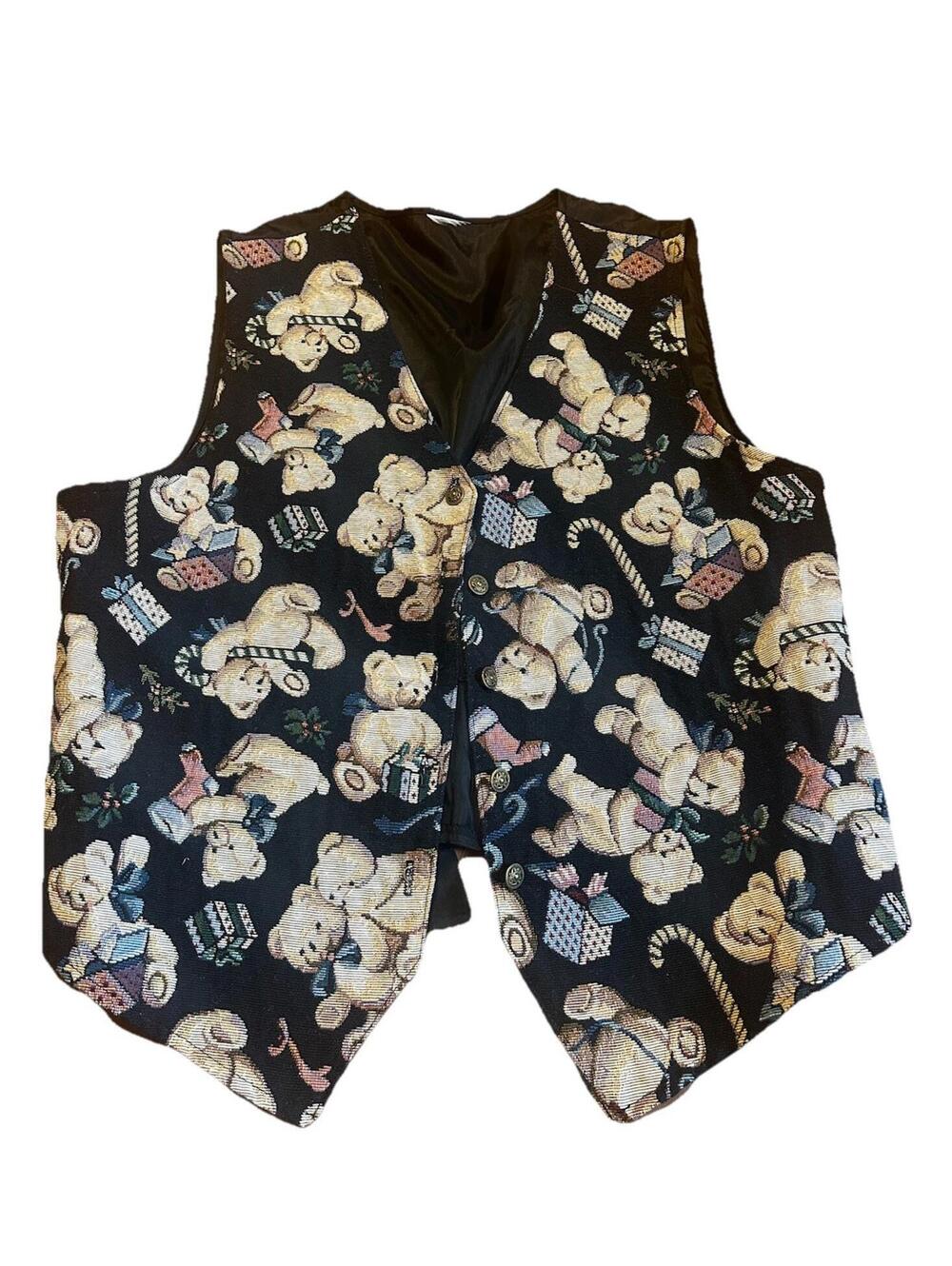 Vintage Bobbie Brooks Christmas Teddy Bear Tapestry Vest Women’s X-Large 90s